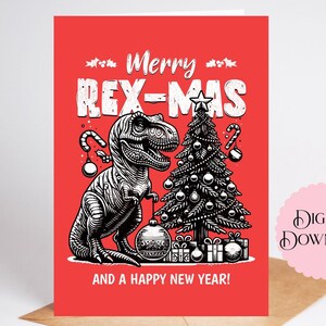T-Rex Merry Christmas Card, afdrukbare en digitale 5 x 7 dinosauruskerstkaart, Merry Rex Mas en een gelukkig nieuwjaar Rood met Tyrannosaurus Rex