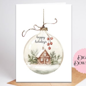 Buone feste, baita innevata in un ornamento, biglietto di Natale da 5 x 7 pollici, file PDF stampabile e file JPG scaricabile, biglietto di Natale pulito con acquerello