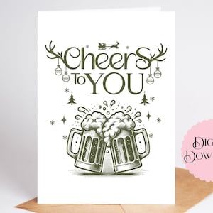 Christmas Cheers To You-kaart met twee bierpullen, rendiergewei en kerstman in zijn slee, afdrukbare en digitale kerstkaart van 5 x 7 inch