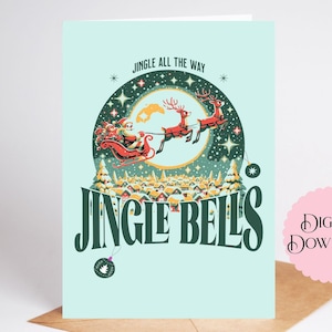 Jingle Bells Weihnachtskarte mit Weihnachtsmann und Rentier über den Dächern, Jingle All The Way 5 x 7 Zoll druckbare und digitale Weihnachtskarte