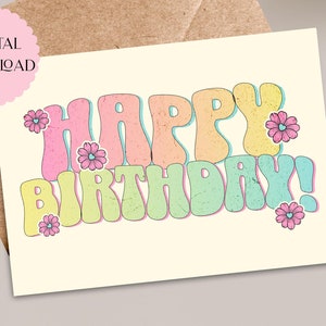 Cartão de Feliz Aniversário, Download Instantâneo 5 x 7 polegadas Cartão de Saudações, Arco-íris Groovy, Cartão de Feliz Aniversário para Imprimir em PDF, Cartão de Aniversário Retro