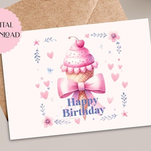 Ice Cream Cone Birthday Card, Printable 5x7 inch Pink Bow Birthday Card, Instant Download Digital Card for Child and Ice Cream Lover