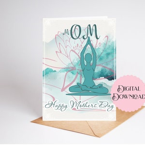 Carte imprimable de fête des mères yoga, carte m OM joyeuse fête des mères, demi-lotus pose les bras levés, carte numérique Ardha Padmasanana pour maman yoga