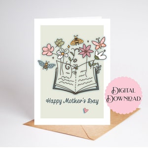 Tarjeta de amante del libro de mamá para el día de la madre, tarjeta imprimible 5x7 para leer la tarjeta del día de la madre feliz de mamá, tarjeta de felicitación de descarga digital para la madre