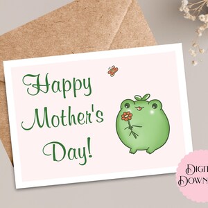 Carte de fête des mères imprimable grenouille, carte de voeux en téléchargement numérique 7 x 5 pour maman qui aime les grenouilles, les fleurs, les papillons, carte douce et douce pour maman