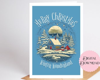 Carte de Noël en téléchargement numérique, joyeux Noël au pays des merveilles d'hiver, carte de voeux de 5 x 7 pouces, carte cabane enneigée dans les bois pour les vacances de Noël