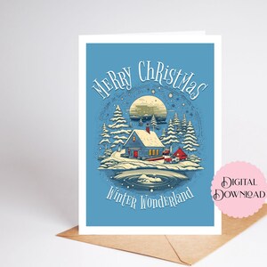 Digitale download kerstkaart, Merry Christmas Winter Wonderland, wenskaart 5 x 7 inch, Snowy Cabin in the Woods-kaart voor kerstvakantie