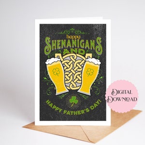 Biglietto di auguri per la festa del papà, "Happy Shenanigans" e "Festa del papà" con trifoglio a tre foglie, birra e motivo celtico, stampabile, 5 x 7 pollici