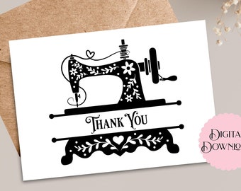 Sewing Thank You Card, Digital 5x7 Greeting Card Vintage Sewing Machine Card for Seamstress, Quilter, Sewing Lover, Black and White Simple