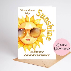 Jubiläumskarte zum ausdrucken, You Are My Sunshine, Jubiläums Grußkarte, Print, Cut and Fold 130x200 Karte Coole Sonnenbrille Floral Gelb