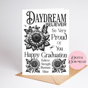 Afdrukbare afstudeerkaart, zwart-witte zonnebloemkaart, kaart voor afgestudeerde, retro downloadbare Happy Graduation-kaart Proud of You Graduate