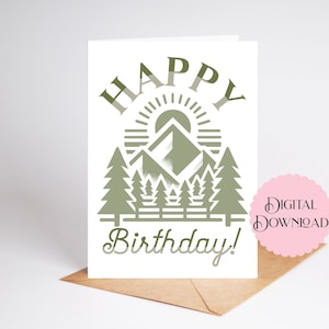 Carte d'anniversaire imprimable, joyeux anniversaire montagne, graphique soleil, montagne et arbres carte numérique téléchargeable pour papa, amateur de plein air/femme vert