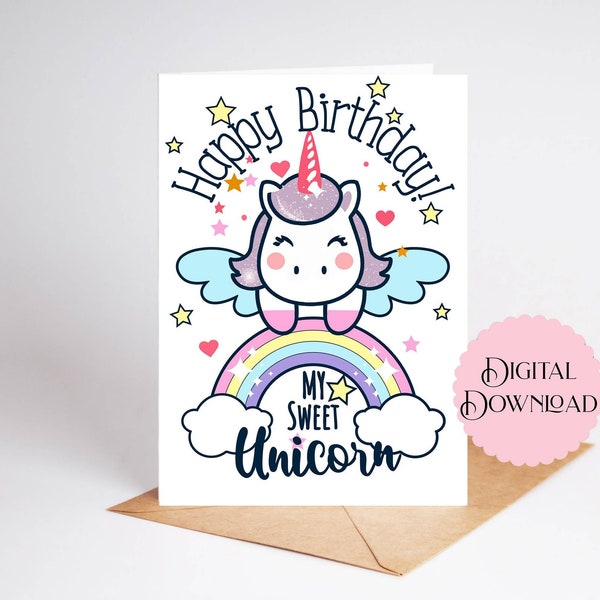 Printable Unicorn Birthday Card, Rainbow and Stars Digital Downloadable Greeting Card, Kids Party, Magical, Mystical One of a Kind Special
