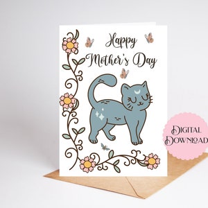 Carte de fête des mères imprimable avec chat, téléchargement numérique 5 x 7, impression, découpe et pliage de chat bleu, bonne fête des mères, vignes et fleurs, carte pour maman