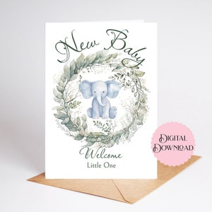 Printable New Baby Card with greenery and Baby Elephant, New Parents Baby Gift Card, Grandparents baby shower card, Print at home baby card