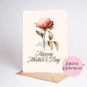 Carte de fête des mères élégante avec rose, carte imprimable 15 x 7 pouces, carte-cadeau sophistiquée d'une seule rose, joyeuse fête des mères, gracieuse maman raffinée