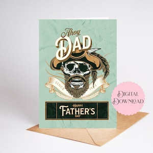 Cartão de Dia dos Pais para impressão com pirata "Ahoy Dad Happy Father's Day" 5x7 Download digital para entusiastas de piratas, cartão de pirata esqueleto