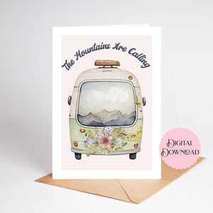 As montanhas estão chamando cartão em aquarela, cartão de felicitações para impressão de 5 x 7 polegadas Van floral retrô mostrando montanhas à distância Design Boho