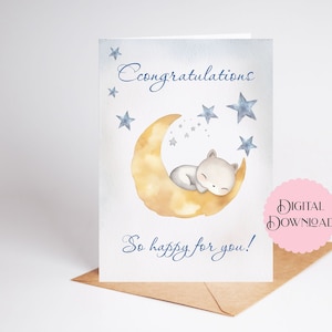 Tarjeta imprimible de felicitaciones por el nacimiento, tarjeta de felicitación "Muy feliz por ti", animalito durmiendo en la luna, estrellas de acuarela, regalo para baby shower