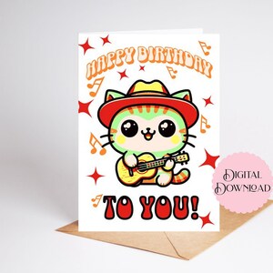 Carte d'anniversaire avec un chat rétro jouant de la guitare, carte de voeux imprimable, style rétro musical à téléchargement numérique de 5 x 7 pouces, joyeux anniversaire !