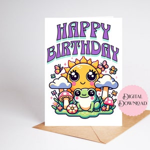 Carte d'anniversaire imprimable pour enfants, nuages duveteux, soleil kawaii, grenouille, fleurs, champignons et papillons, carte de voeux en téléchargement numérique 5 x 7