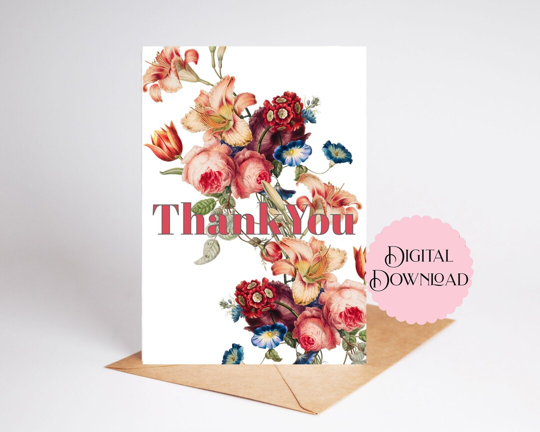 Printable Floral Thank You Card, 5x7 Inch Digital Card With Roses ...