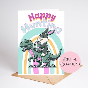 Carte de Pâques imprimable, 5 x 7 pouces carte numérique dinosaure de Pâques joyeux chasse avec lapin, arc-en-ciel et oeuf de Pâques, carte de Pâques pastel