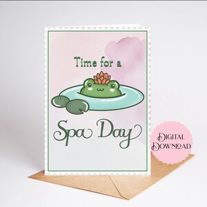 Carte de journée spa, imprimable 5 x 7 grenouilles roses et vertes flottant dans l'eau, carte à téléchargement numérique, jour de Galentine pour une journée au spa, sortie entre filles