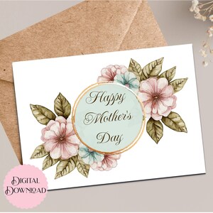 Tarjeta del Día de la Madre con flores y hojas suaves, tarjeta de felicitación floral rosa y azul para mamá, Feliz Día de la Madre Celebración Estilo Acuarela