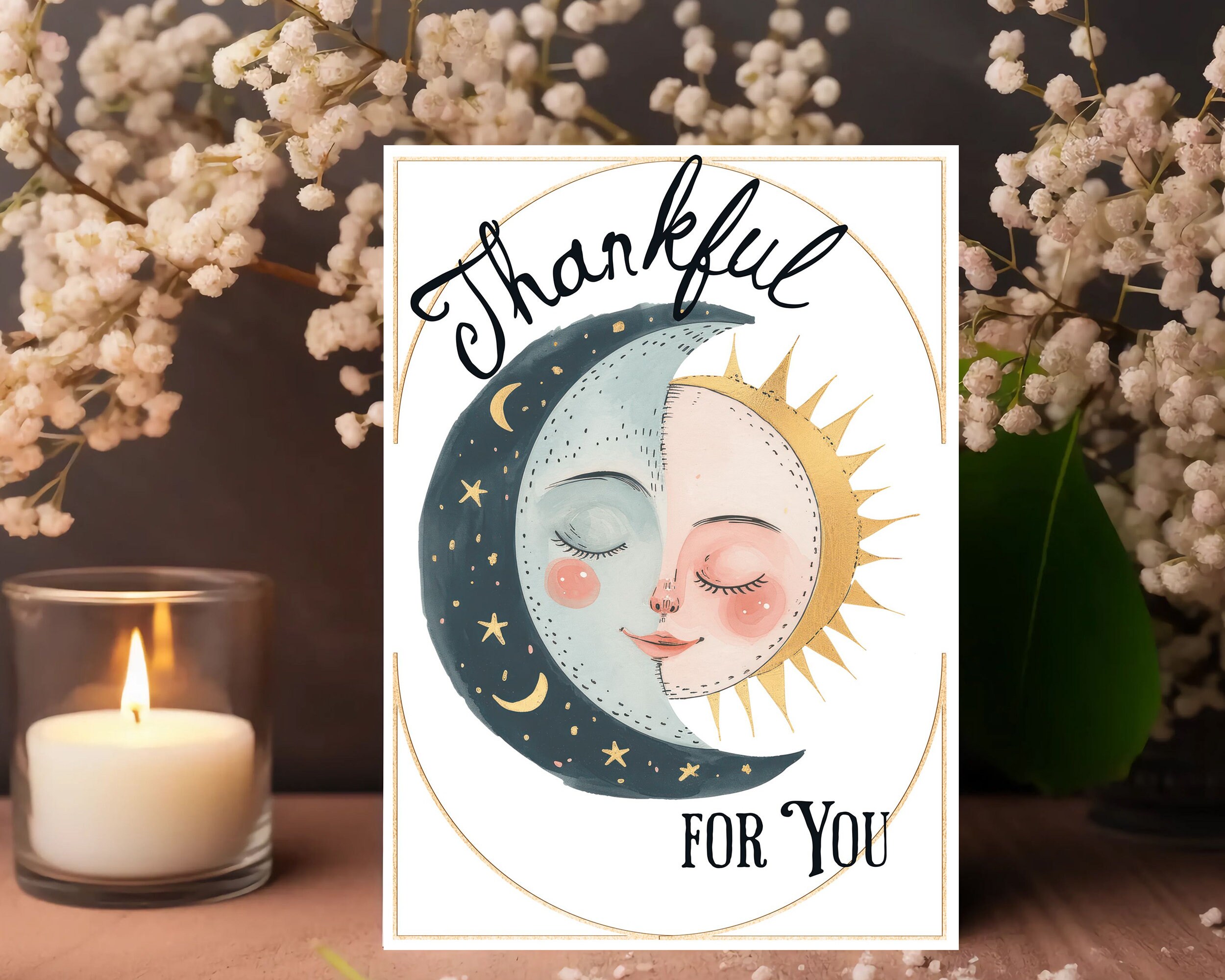Printable Thankful for You Card With Sun and Moon, Digital Download ...