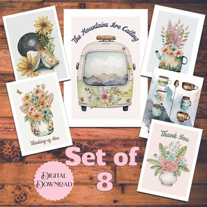 Conjunto de 8 cartões com desenhos em aquarela para acampamento e atividades ao ar livre, cartões digitais imprimíveis de 8 a 5 x 7 com montanhas, barracas, trailers, flores, árvores e pôr do sol