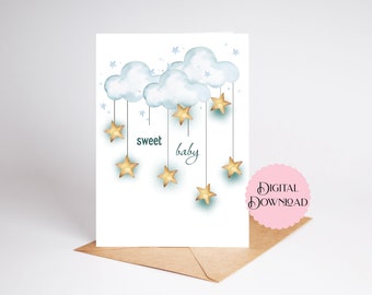 Printable Baby Card, Boy, Girl Baby 5x7 Crescent Moon, Cloud, Stars Sweet Baby Greeting Card, Printable and Digital files, Expecting Parents