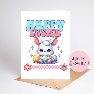 Carte de Pâques imprimable, première carte numérique de Pâques de 5 x 7 pouces, doux bébé lapin avec des oeufs de Pâques pastel, lettrage doux Pâques pastel