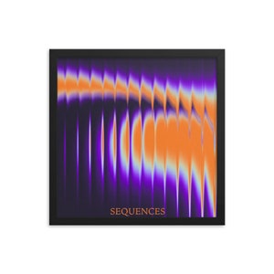 May include: Framed art print featuring an abstract design with vertical lines in shades of orange, purple, and blue. The word "SEQUENCES" is printed in orange at the bottom of the artwork. The print is encased in a black frame.