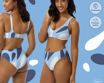 Nachhaltiger Ocean Waves-Bikini mit hoher Taille – recycelter Stoff, UPF50+-Schutz