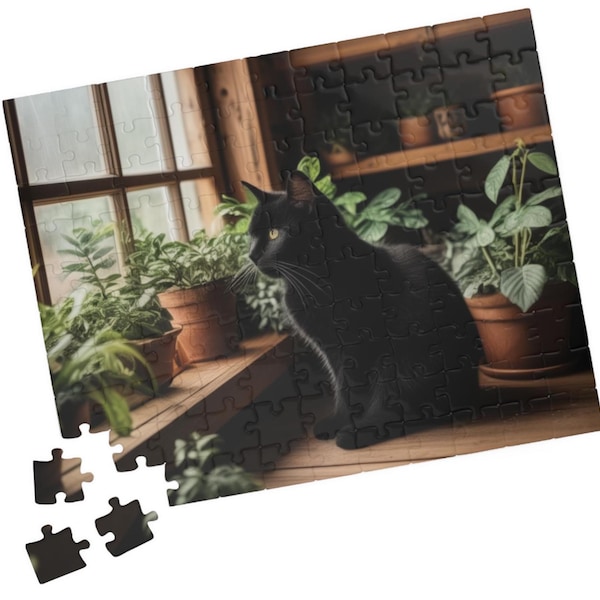 Black Cat & Greenhouse Plants Jigsaw Puzzle