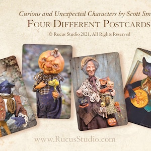 May include: Four postcards featuring curious characters by Scott Smith. The cards showcase whimsical figures, including a pumpkin-headed person, an elderly woman with dolls, a cat playing a banjo, and a bird-like figure in a suit. The text reads "Curious and Unexpected Characters".