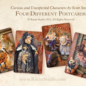 May include: Four postcards featuring curious characters by Scott Smith. The cards showcase whimsical figures, including a jester, a witch, and pumpkin-headed characters. The postcards have a vintage aesthetic, with the Rucus Studio logo visible.