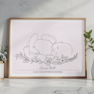 Newborn illustration birth gift, custom baby print, personalized birth poster 1:1,  editable baby birth image