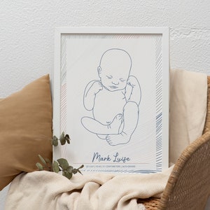 Newborn illustration birth gift, custom baby print, personalized birth poster 1:1,  editable baby birth image