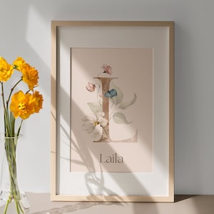 Ilustración de acuarela personalizada con la letra L para guardería, arte del alfabeto con decoración de flores silvestres, imagen inicial del nombre