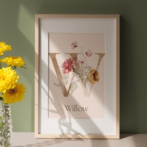 Ilustración de acuarela con la letra W personalizada para guardería, arte del alfabeto con decoración de flores silvestres, imagen inicial del nombre