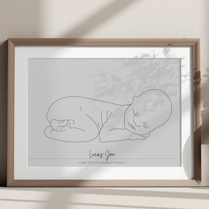 Newborn illustration birth gift, custom baby print, personalized birth poster 1:1,  editable baby birth image