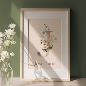 Ilustración de acuarela personalizada con la letra J para guardería, arte del alfabeto con decoración de flores silvestres, imagen inicial del nombre