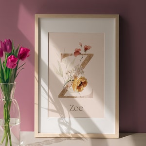 Ilustración de acuarela personalizada con la letra Z para guardería, arte del alfabeto con decoración de flores silvestres, imagen inicial del nombre