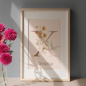 Ilustración de acuarela personalizada con la letra X para guardería, arte del alfabeto con decoración de flores silvestres, imagen inicial del nombre