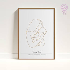 Newborn illustration birth gift, custom baby print, personalized birth poster 1:1,  editable baby birth image