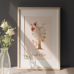 Ilustración de acuarela personalizada con la letra I para guardería, arte del alfabeto con decoración de flores silvestres, imagen inicial del nombre