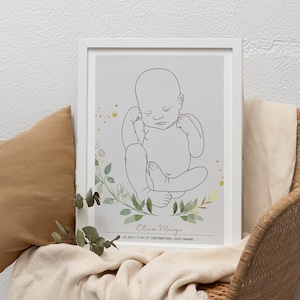 Newborn illustration birth gift, custom baby print, personalized birth poster 1:1,  editable baby birth image