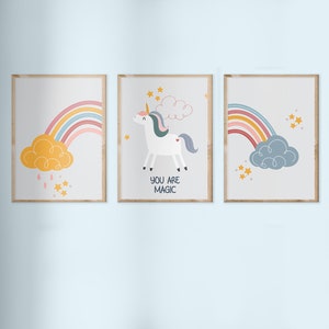 Conjunto de 3 impresiones, arcoíris y unicornio, diseño de papel tapiz para decoración de habitaciones infantiles, arte de pared para guardería, carteles infantiles